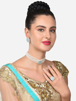 Zaveri Pearls - Set Of 3 Blue Stones Pearls Choker Necklace Earring and Ring Set-ZPFK14819
