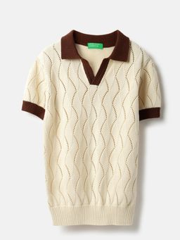United Colors of Benetton - Beige Johny Collar Textured Pointelle Contrast T-Shirt
