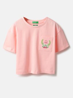 United Colors of Benetton - Pink Round Neck Cropped Embroidered on Pocket T-shirt
