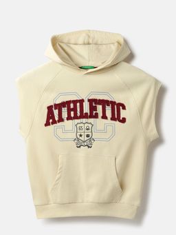 United Colors of Benetton - Beige Hooded Neck Applique Athletic Terry Hoodie