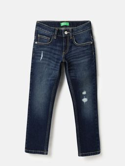 United Colors of Benetton - Blue Embroidered Slim Fit Dark Wash Denim Jeans