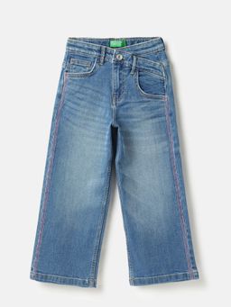 United Colors of Benetton - Blue Solid Wide Leg Fit Overlap Contrast Stitch Denim Jeans