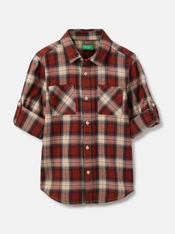 United Colors of Benetton - Maroon Spread Collar Checkered Soft Flannel Shirt