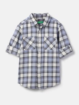 United Colors of Benetton - Blue Spread Collar Checkered Soft Flannel Shirt