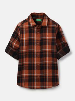 United Colors of Benetton - Orange Spread Collar Checkered Light Brushed Check Shirt