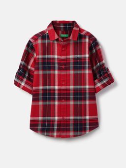 United Colors of Benetton - Red Spread Collar Checkered Brushed Flannel Shirt