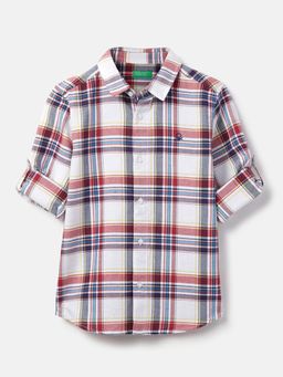 United Colors of Benetton - White Spread Collar Checkered Oxford Check Shirt
