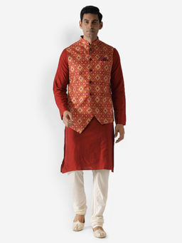 KISAH - Men Red Kurta Jacket (Set of 3)