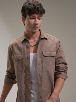 HIGHLANDER - Men Brown Cotton Stripe Oversized Fit Shirt