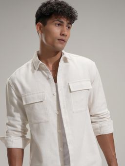 HIGHLANDER - Men Beige Cotton Blend Textured Relaxed Fit Shirt