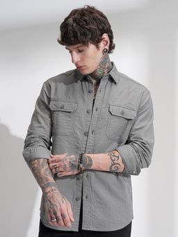 HIGHLANDER - Men Grey Cotton Stripe Oversized Fit Shirt