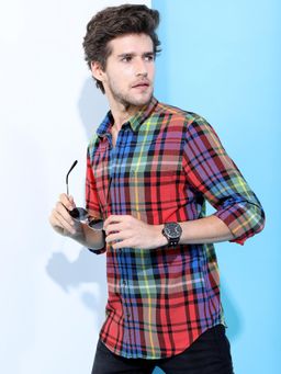 HIGHLANDER - Men Red Cotton Checks Slim Fit Shirt