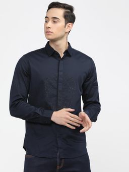HIGHLANDER - Men Navy Blue Cotton Blend Solid Slim Fit Shirt