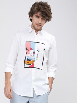 HIGHLANDER - Men White Cotton Printed Slim Fit Shirt