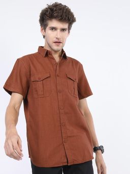 HIGHLANDER - Men Rust Cotton Solid Slim Fit Shirt