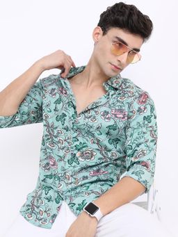 HIGHLANDER - Men Green Cotton Floral Slim Fit Shirt