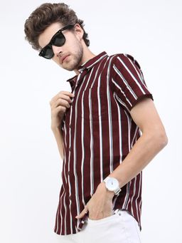 HIGHLANDER - Men Maroon Cotton Stripes Slim Fit Shirt
