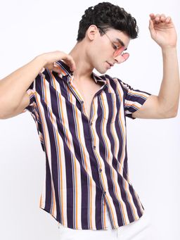 HIGHLANDER - Men Purple Cotton Stripes Slim Fit Shirt