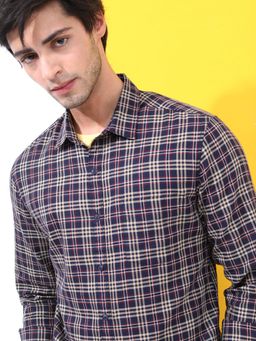 HIGHLANDER - Men Navy Blue Cotton Blend Checks Slim Fit Shirt