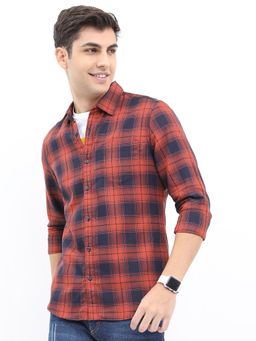 HIGHLANDER - Men Rust Cotton Blend Checks Slim Fit Shirt