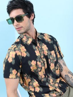 HIGHLANDER - Men Black Cotton Floral Slim Fit Shirt