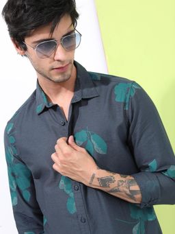 HIGHLANDER - Men Teal Cotton Floral Slim Fit Shirt