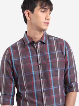 HIGHLANDER - Men Brown Cotton Blend Checks Slim Fit Shirt