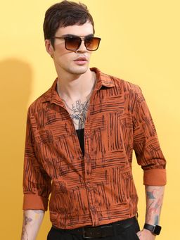 HIGHLANDER - Men Rust Cotton Printed Slim Fit Shirt