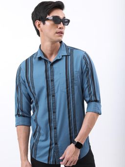 HIGHLANDER - Men Blue Cotton Stripes Slim Fit Shirt
