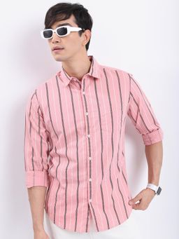 HIGHLANDER - Men Pink Cotton Stripes Slim Fit Shirt