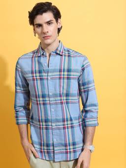 HIGHLANDER - Men Blue Cotton Blend Checks Slim Fit Shirt