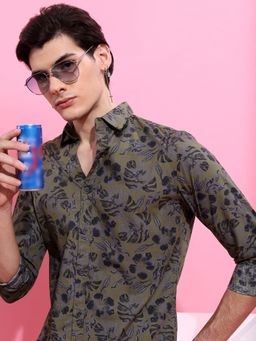 HIGHLANDER - Men Olive Cotton Floral Slim Fit Shirt