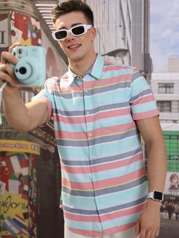 HIGHLANDER - Men Multi-Color Cotton Blend Stripes Slim Fit Shirt