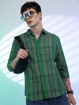HIGHLANDER - Men Green Cotton Blend Checks Slim Fit Shirt
