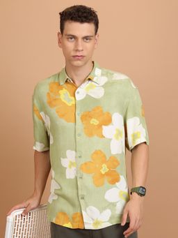 HIGHLANDER - Men Olive Viscose Floral Slim Fit Shirt