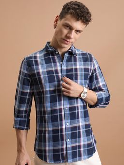HIGHLANDER - Men Blue Cotton Blend Checks Slim Fit Shirt