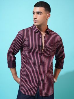 HIGHLANDER - Men Burgundy Cotton Stripes Slim Fit Shirt