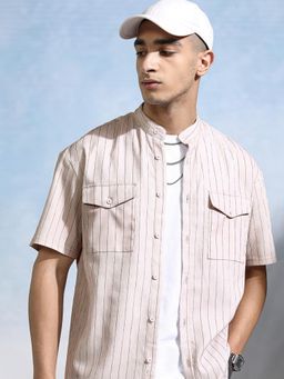 HIGHLANDER - Men Peach Polyester Stripes Relaxed Fit Shirt