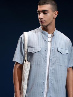 HIGHLANDER - Men Blue Polyester Stripes Relaxed Fit Shirt