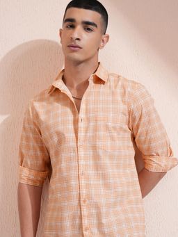 HIGHLANDER - Men Orange Cotton Checks Regular Fit Shirt
