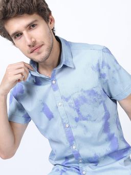 HIGHLANDER - Men Blue Cotton Abstract Slim Fit Shirt