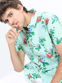 HIGHLANDER - Men Green Cotton Floral Slim Fit Shirt
