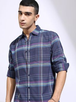 HIGHLANDER - Men Blue Cotton Checks Regular Fit Shirt