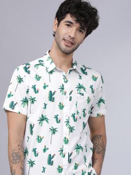HIGHLANDER - Men White Cotton Floral Slim Fit Shirt