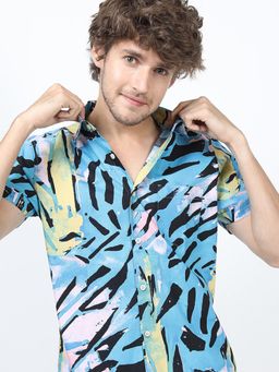 HIGHLANDER - Men Blue Cotton Abstract Slim Fit Shirt