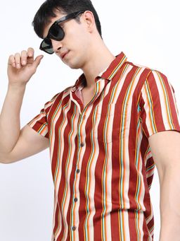 HIGHLANDER - Men Maroon Cotton Stripes Slim Fit Shirt