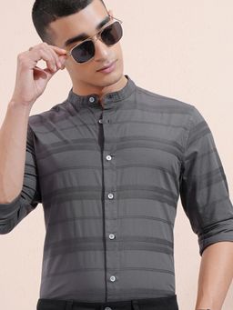 HIGHLANDER - Men Charcoal Cotton Stripes Regular Fit Shirt