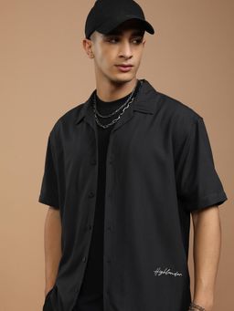 HIGHLANDER - Men Black Viscose Self Design Relaxed Fit Shirt