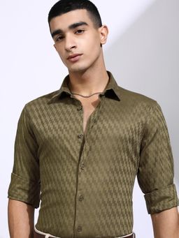 HIGHLANDER - Men Green Cotton Blend Self Design Slim Fit Shirt