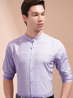HIGHLANDER - Men Lavender Cotton Stripes Regular Fit Shirt